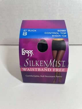 Leggs Silken Mist Waistband Free Control Top Pantyhose - Jet Black, Size B, NIP